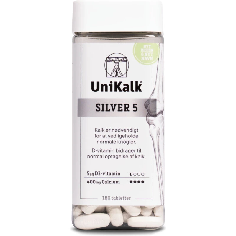 UniKalk Silver 5 Hvid 180 stk – Kalk & D‑vitamin 400 mg/5 µg