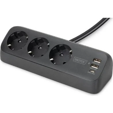 DIGITUS 3-udtags stikdåse med USB-A/C, sort