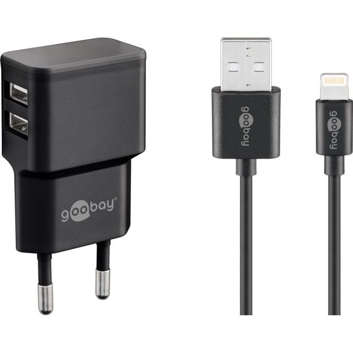 Goobay Apple Lightning Dual Lader 12W med 2x USB, Sort