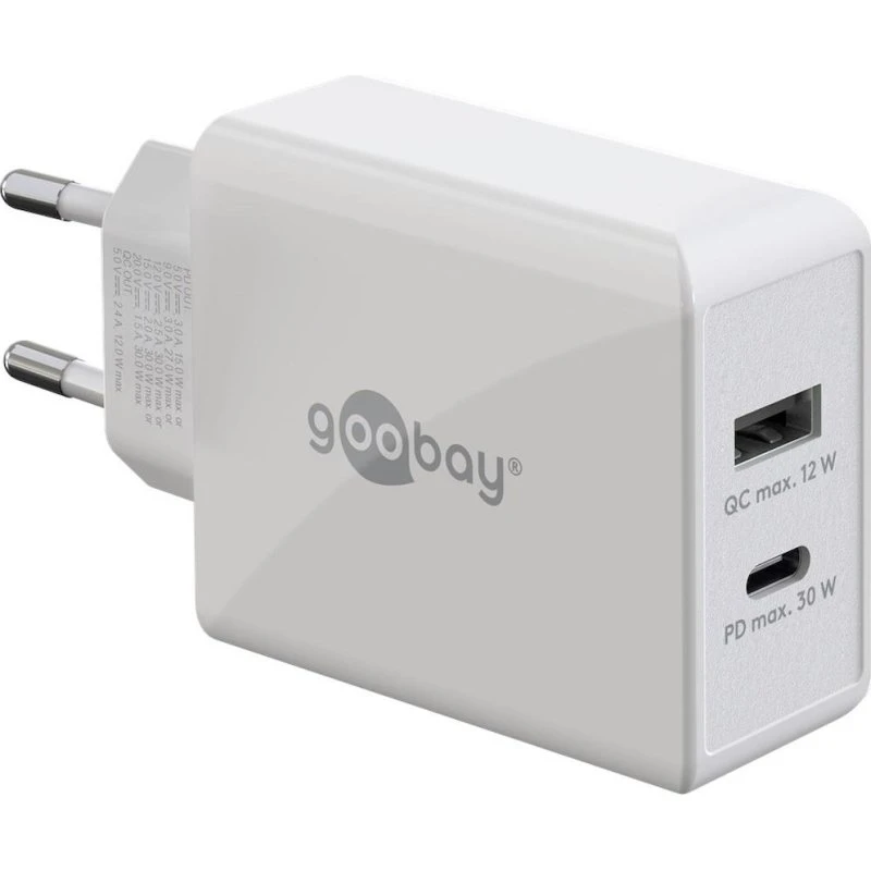 Goobay Oplader USB-C PD 30W + USB-A QC 3.0, Hvid