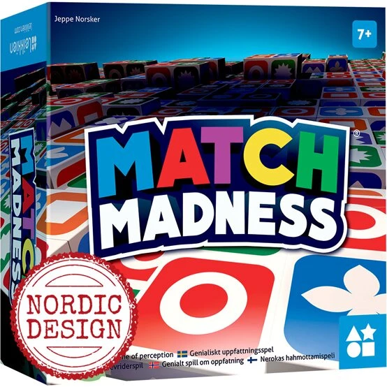 Match Madness brætspil (dansk) — mønsterbygning med kulørte klodser