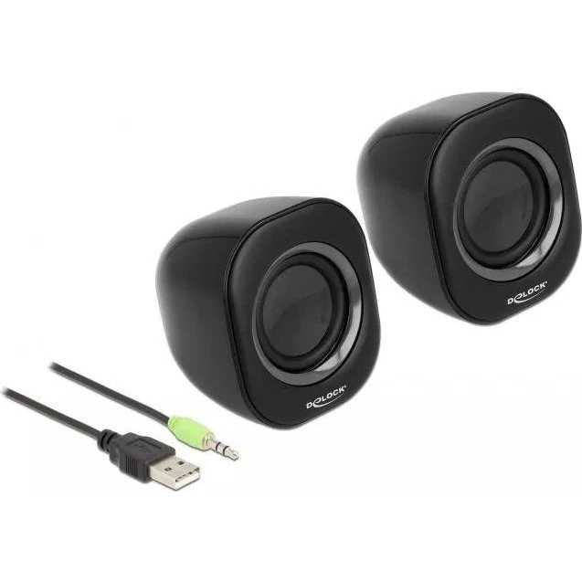 DeLOCK Mini Stereo Højttalere, 2 W, Sort, USB & 3.5 mm