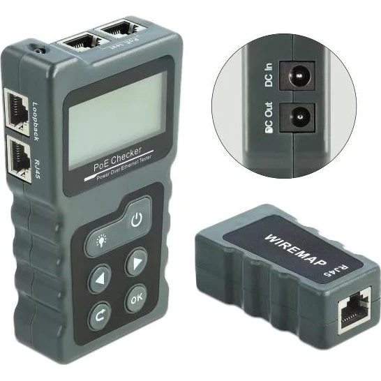 DeLOCK LCD Cable Tester RJ45/PoE/DC, mørkgrå