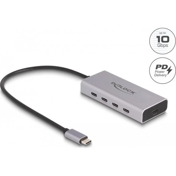 Delock USB-C Hub 10 Gbps, 85 W PD, 5-port, grå