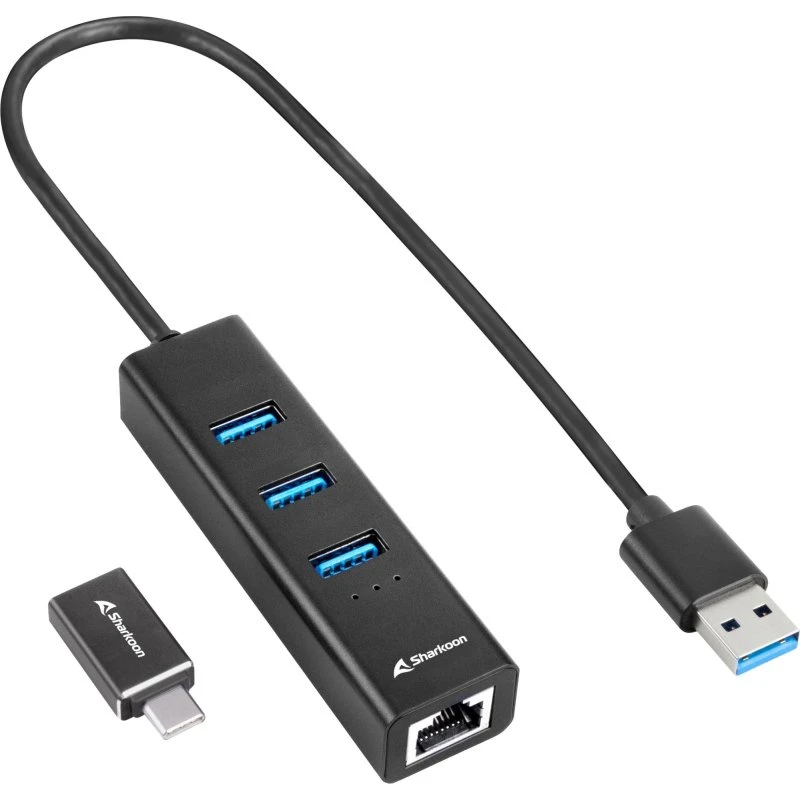Sharkoon Dockingstation 3x USB-A + Ethernet, Sort