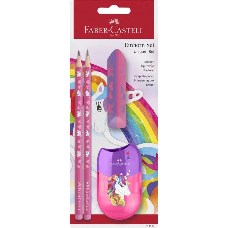 Faber-Castell 111518 Enhjørning Skrivesæt – Blyanter, Viskelæder, Blyantspidser