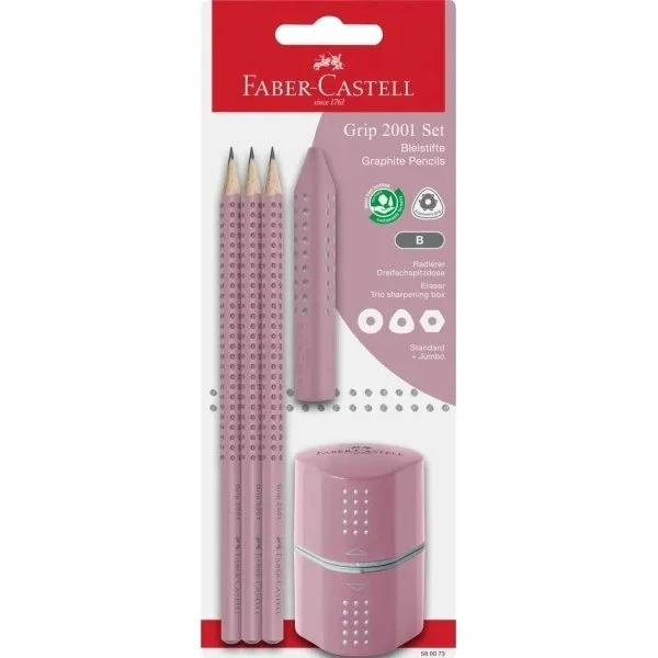 Faber-Castell Grip 2001 Sæt - Rose, 3 Grafitblyanter