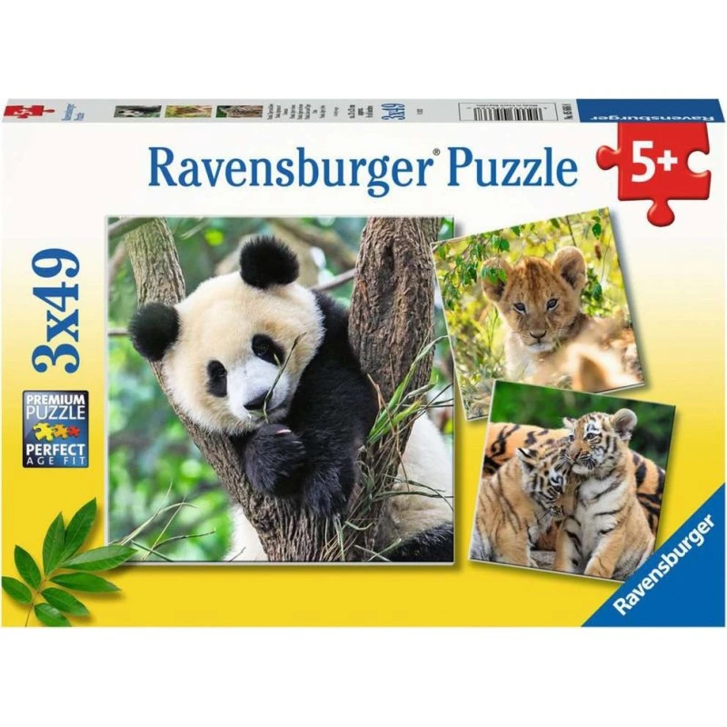 Ravensburger 3-i-1 Puslespil: Panda, Tiger og Løve – 3x49 Brikker
