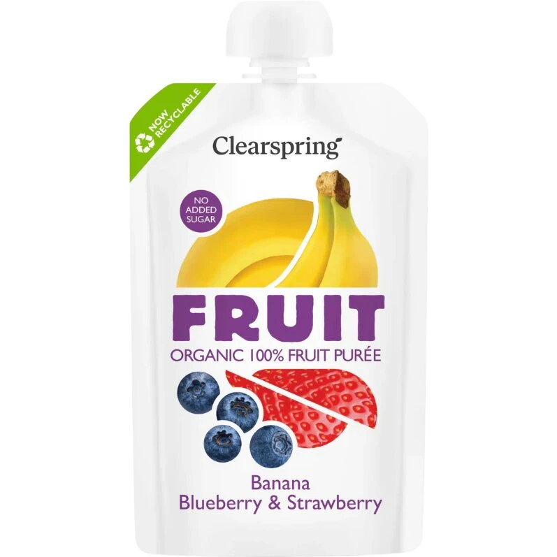 Clearspring Økologisk frugtpuré Banan, Blåbær & Jordbær 100 g