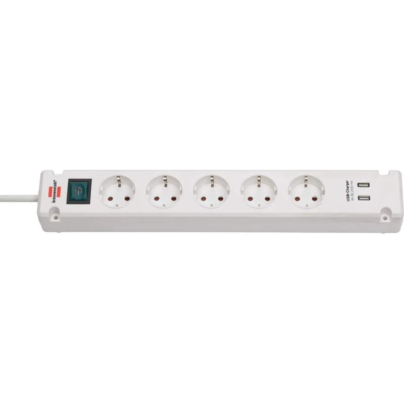 Brennenstuhl Bremounta 5-vejs stikdåse med 2 USB-porte, hvid, 3 m