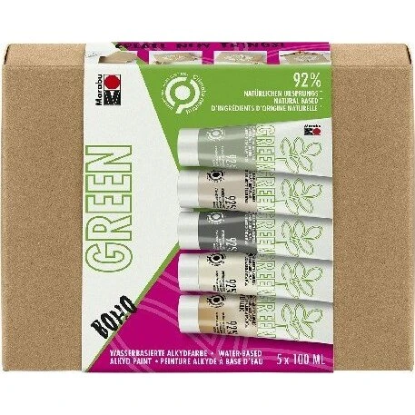 Marabu Green Akrylmaling Sæt 5x100ml - Cremebeige, Mistel, Skifer, Cremehvid, Metallic-guld
