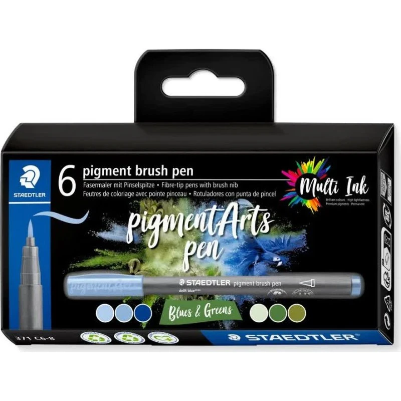 Staedtler Brush Pen Pigment Blå/Grøn 6 stk