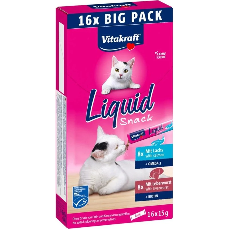 Vitakraft Liquid Snack Lever og Laks, 16×15 g