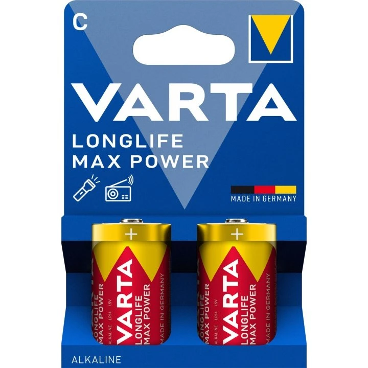 Varta Longlife Max Power C-batteri 2-pack, 1,5 V, 10 års lagring