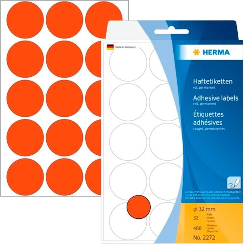 Herma Runde Etiketter, Rød, 32 mm, 480 stk