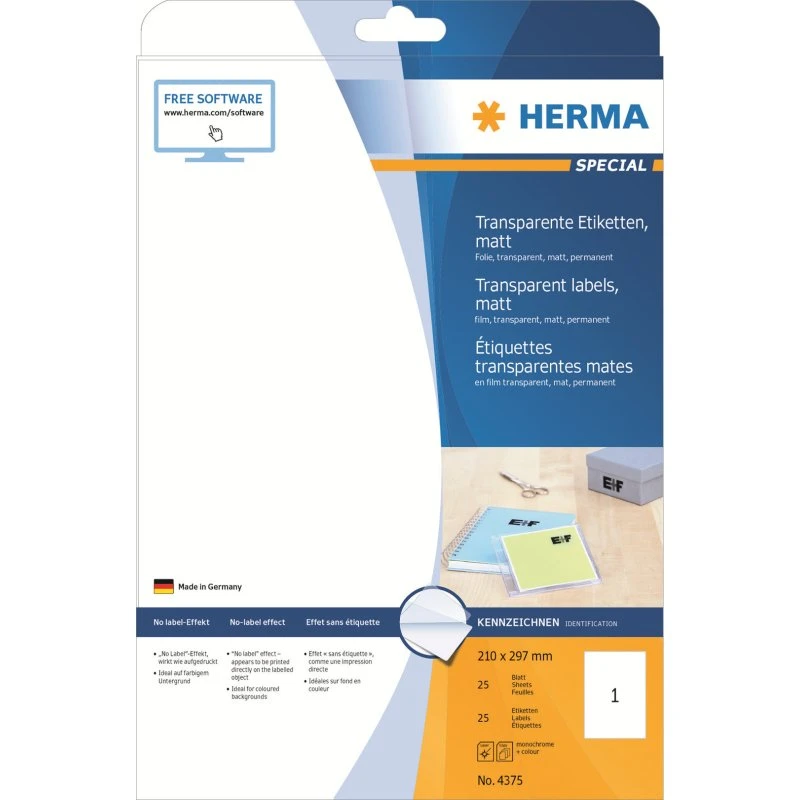 HERMA Special Filmmærkater A4 25 stk, mat, gennemsigtig