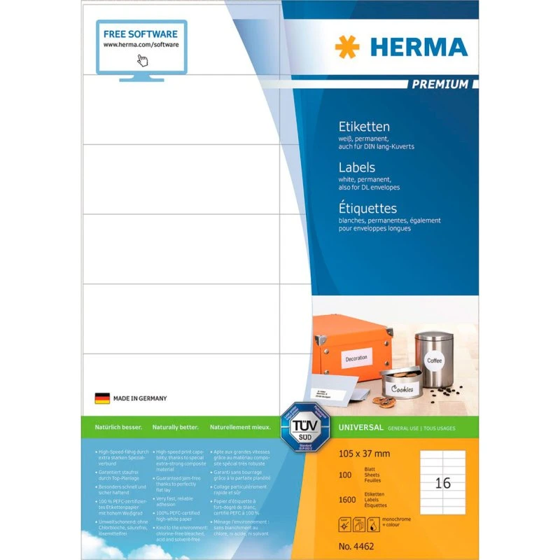 Herma Premium Hvid Laminerede Etiketter 105x37 mm, 1600 stk
