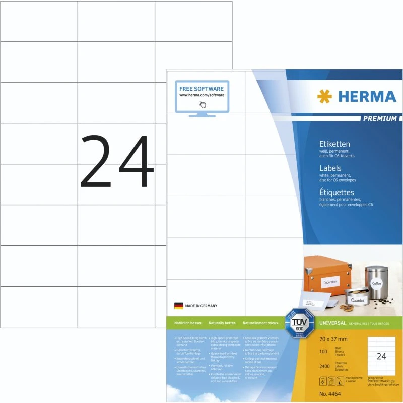 Herma Premium Hvid Laminerede Etiketter 70x37 mm, 2400 stk