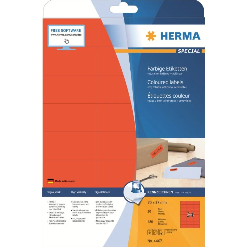 HERMA Special Røde Etiketter 70x37 mm, 480 stk
