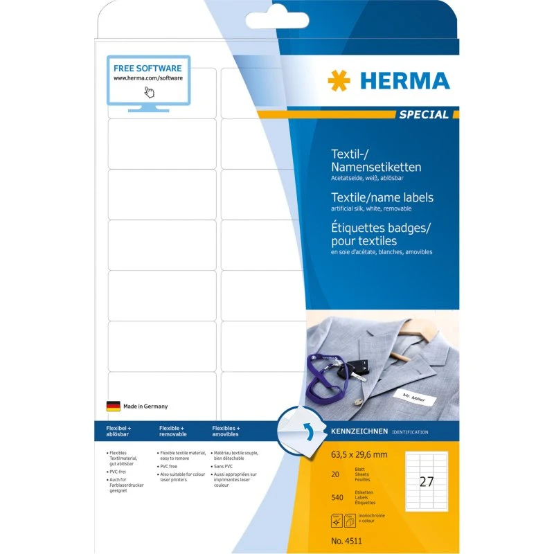 HERMA Special Name labels, 63,5 x 29,6 mm, 540 etiketter, hvid, aftagelig selvklæbende