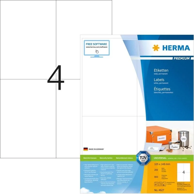 HERMA Premium Etiketter A6 105x148 mm, Hvid, Mat, 800 stk.