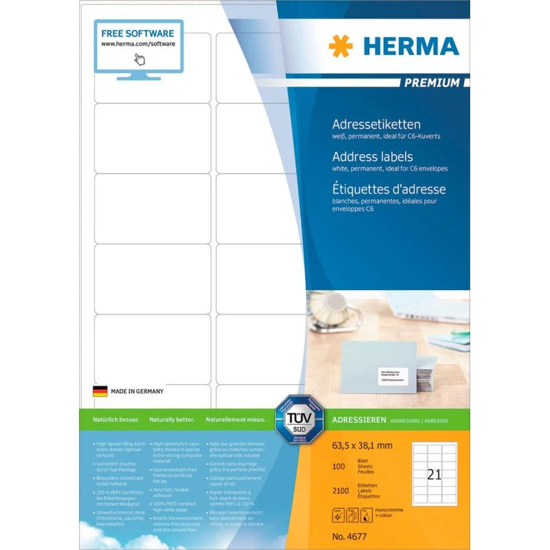 Herma Premium Hvid Laminerede Etiketter 63,5x38,1 mm (2100 stk)