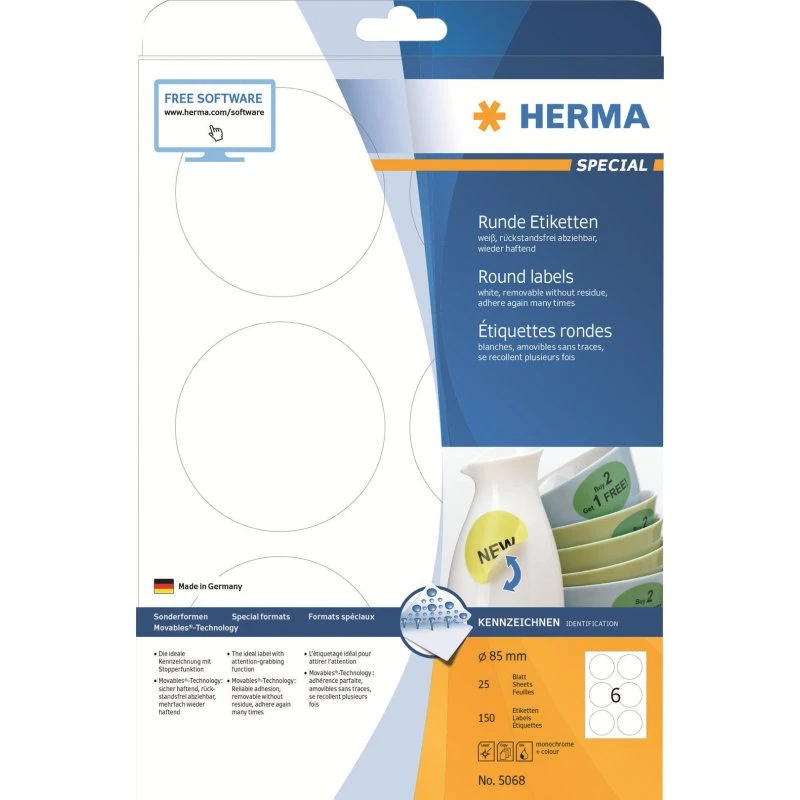 HERMA Special Runde Etiketter 85 mm, 150 stk, Hvid, Aftagelig