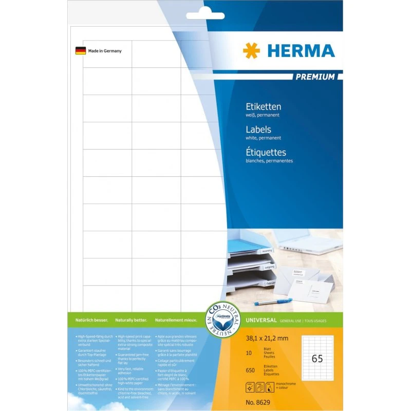 HERMA Premium Laminerede Etiketter 38,1 x 21,2 mm, 650 stk