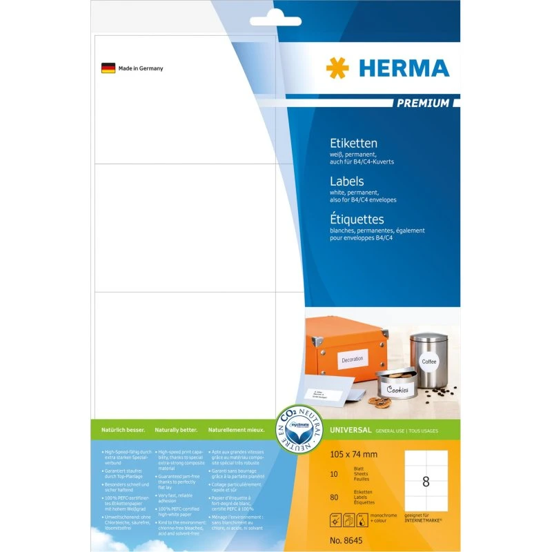 HERMA Premium Laminerede Etiketter 105 x 74 mm, 80 stk