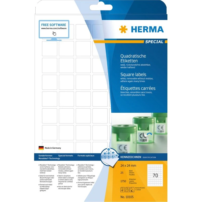 HERMA Etiketter 24 x 24 mm, 1750 stk, hvid, aftagelig selvklæbende