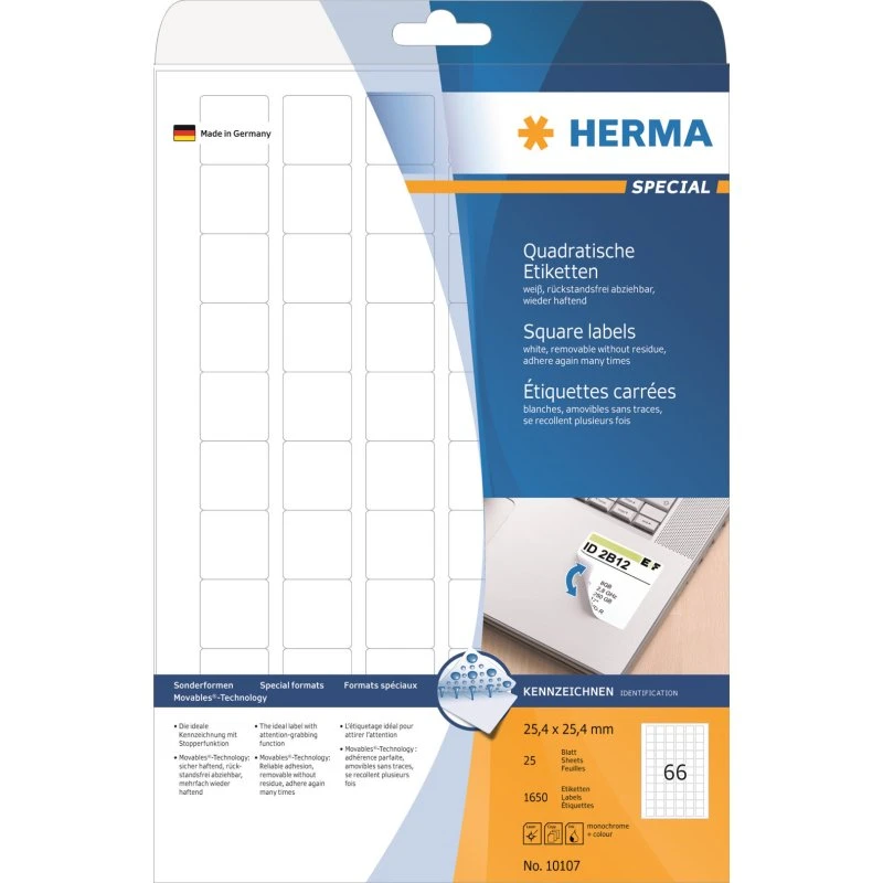 HERMA Special Aftagelige Hvide Etiketter 25,4 x 25,4 mm (1650 stk)