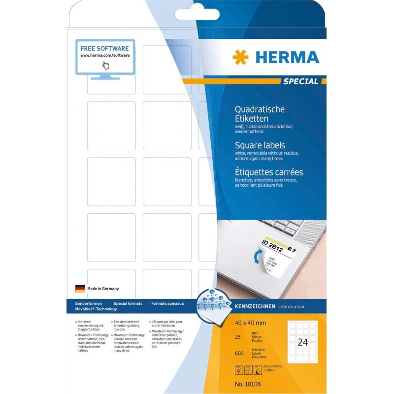 HERMA Special 40x40 mm Aftagelige Hvide Etiketter, 600 stk