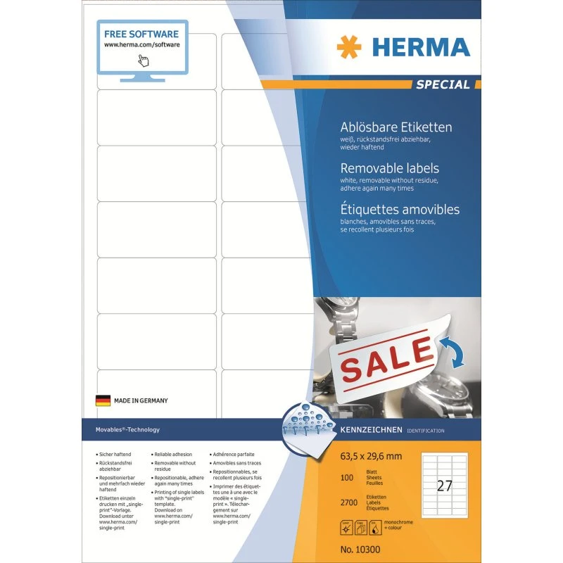 HERMA Special Aftagelige Etiketter 63,5 x 29,6 mm, 2700 stk