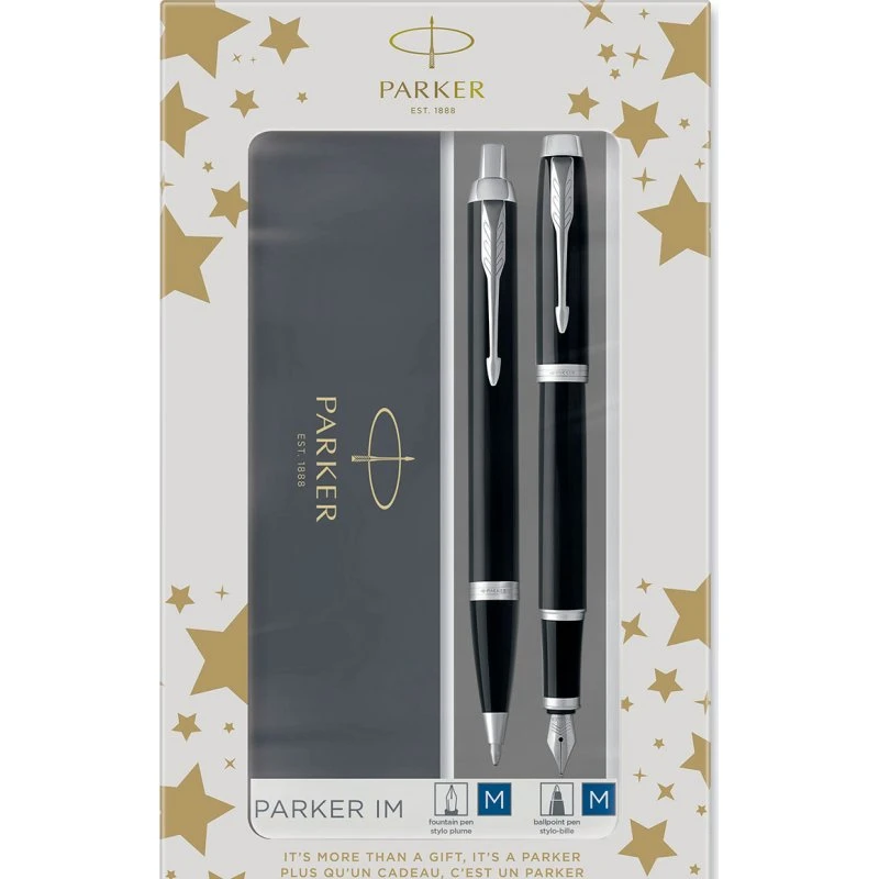 Parker IM Dobbelt Sæt: Fyldepen & Kuglepen, Sort/Sølv, Medium Spids