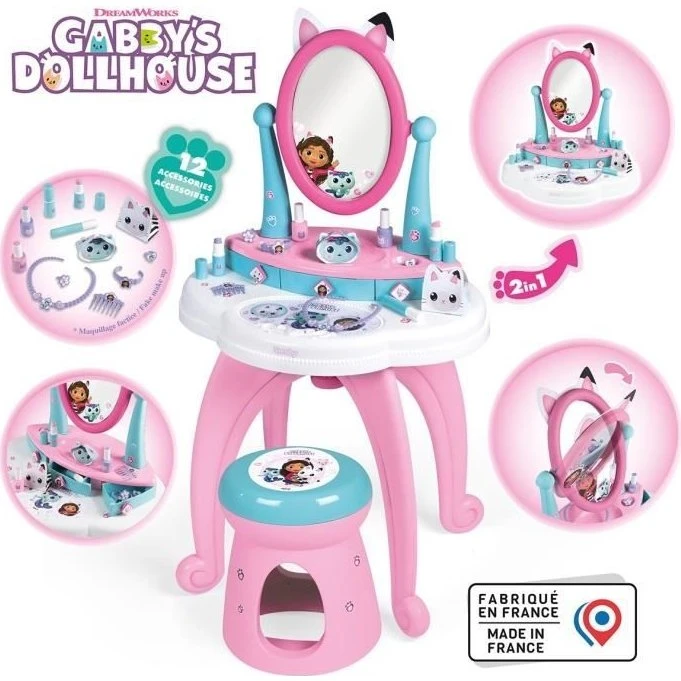 Smoby Gabby 2-i-1 børnesminkebord med justerbart spejl, pink/blå