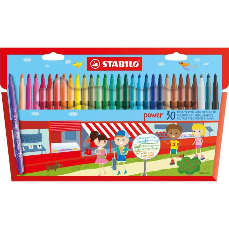 Stabilo Power Fibre Tip Pen 30 Farver, Vaskbart Blæk