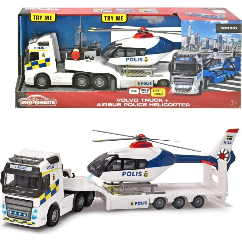 Majorette Volvo FH-16 Svensk Politilastbil + Helikopter