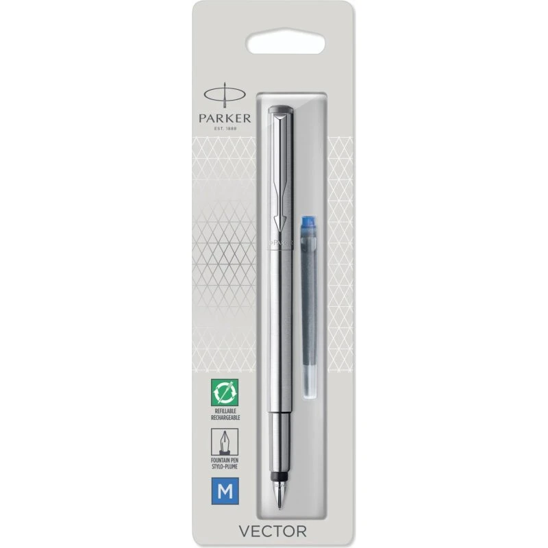 Parker Vector Fyldepen | Rustfrit Stål | Medium Spids | Blå Blæk