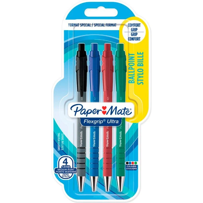 Paper Mate Flexgrip Ultra Kuglepen 1,0 mm, 3+1 stk, forskellige farver