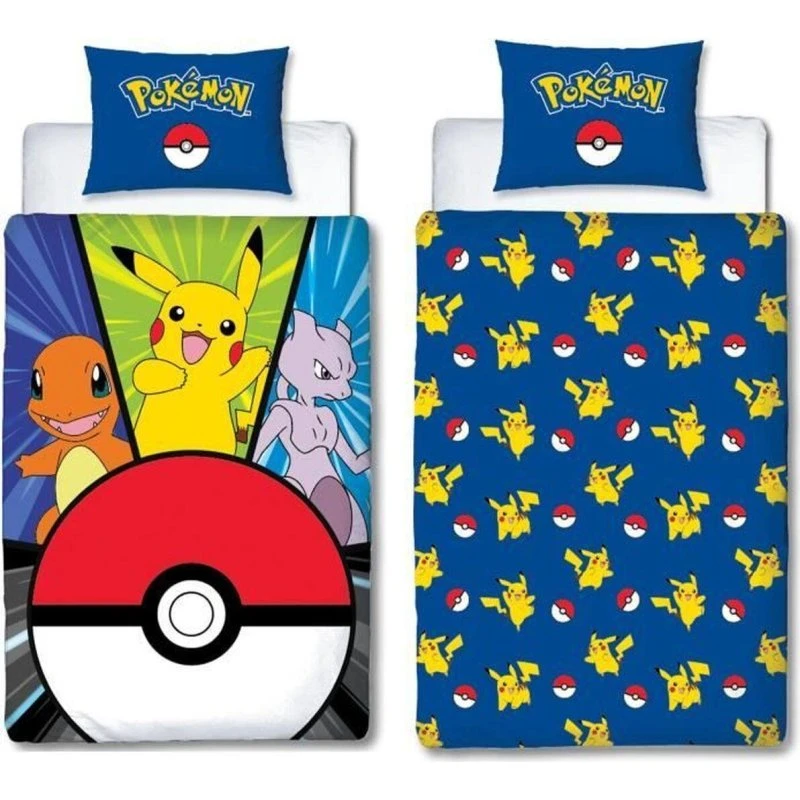 Pokémon Dynebetræk 140x200 cm, Mikrofiber, Gul/Hvid/Rød, 2 dele