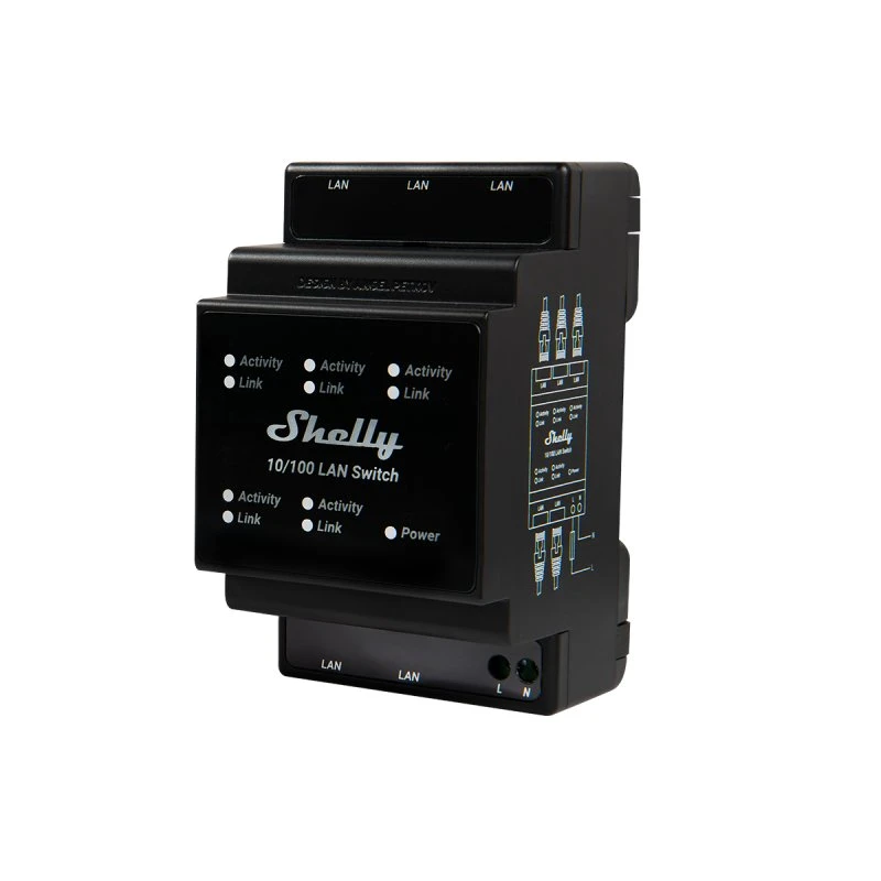 Shelly LAN Switch 5xRJ45, DIN-skinne, sort