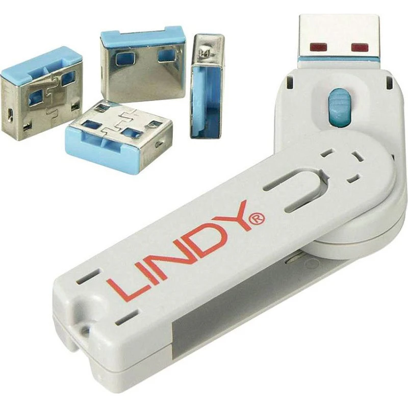 Lindy USB-A Port Blocker med Monteringsnøgle (4 stk) Blå