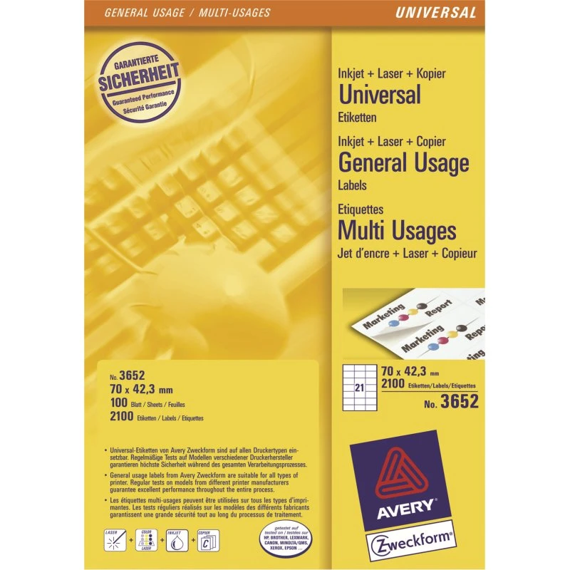 Avery Universaletiketter 42,3 x 70 mm, 2100 stk, Hvid