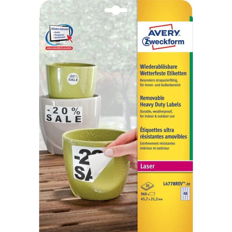 Avery Aftagelige Etiketter 45,7x21,2 mm, Hvid
