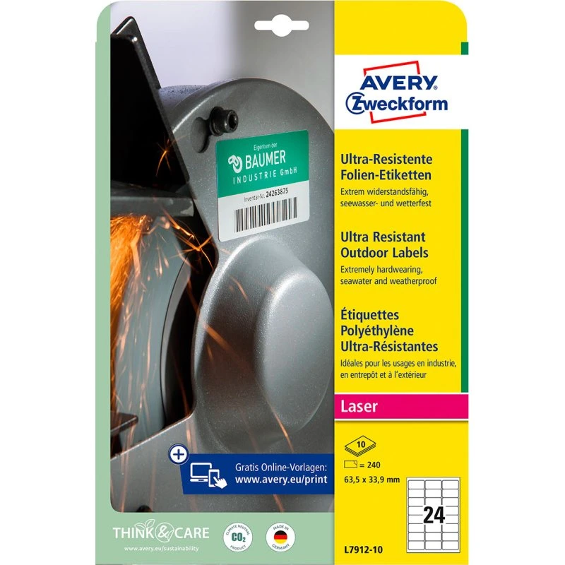 Avery Ultraresistente Udendørs Etiketter, 63,5 x 33,9 mm, 240 stk, Hvid