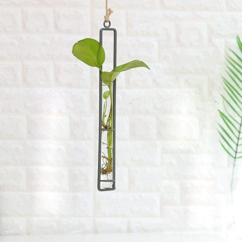 Hængende glasvase med stålramme – Sort, 27,2 x 4 cm