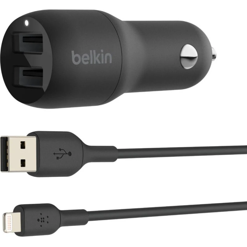 Belkin Boost Charge Biloplader 24W, 2x USB-A, Lightning-kabel, Sort