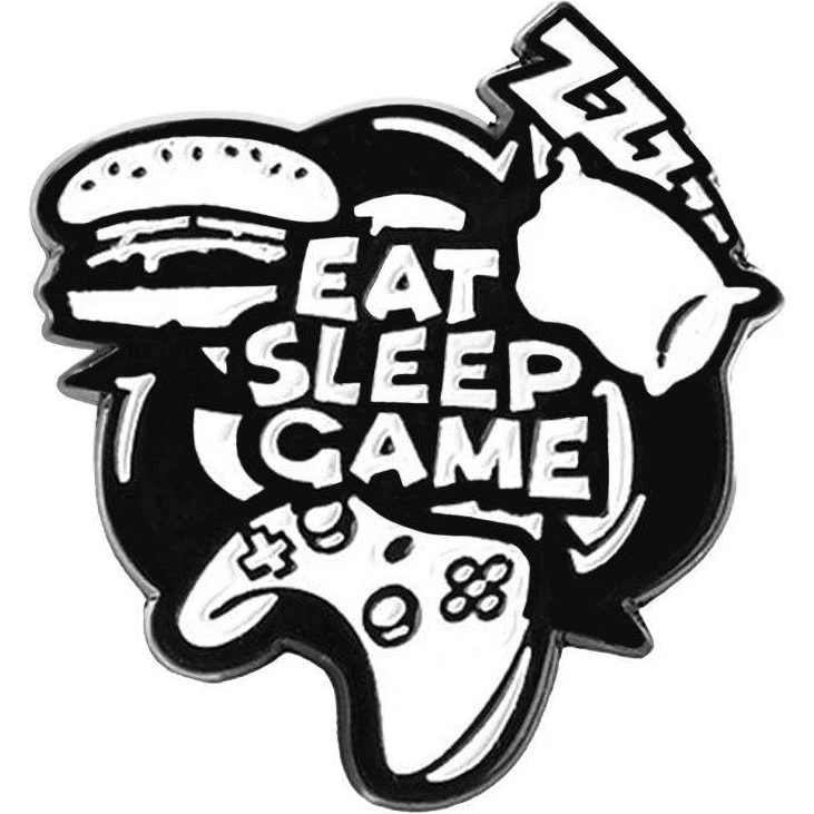 Eat Sleep Game Metal Broche, Sort/Hvid, 3 x 2 cm