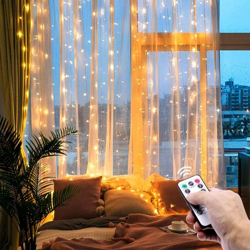 LED-gardin med fjernbetjening – USB-drevet, varmt lys
