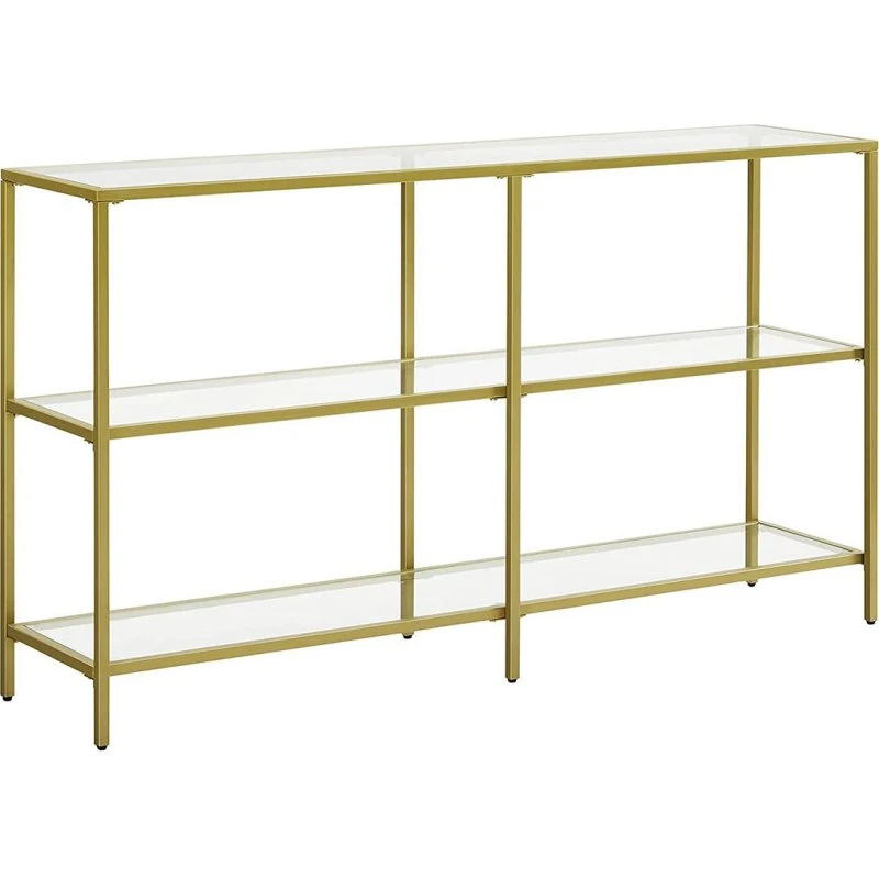 VASAGLE Konsolbord i hærdet glas med 3 hylder, guldfarvet stål, 130x30x73,3 cm